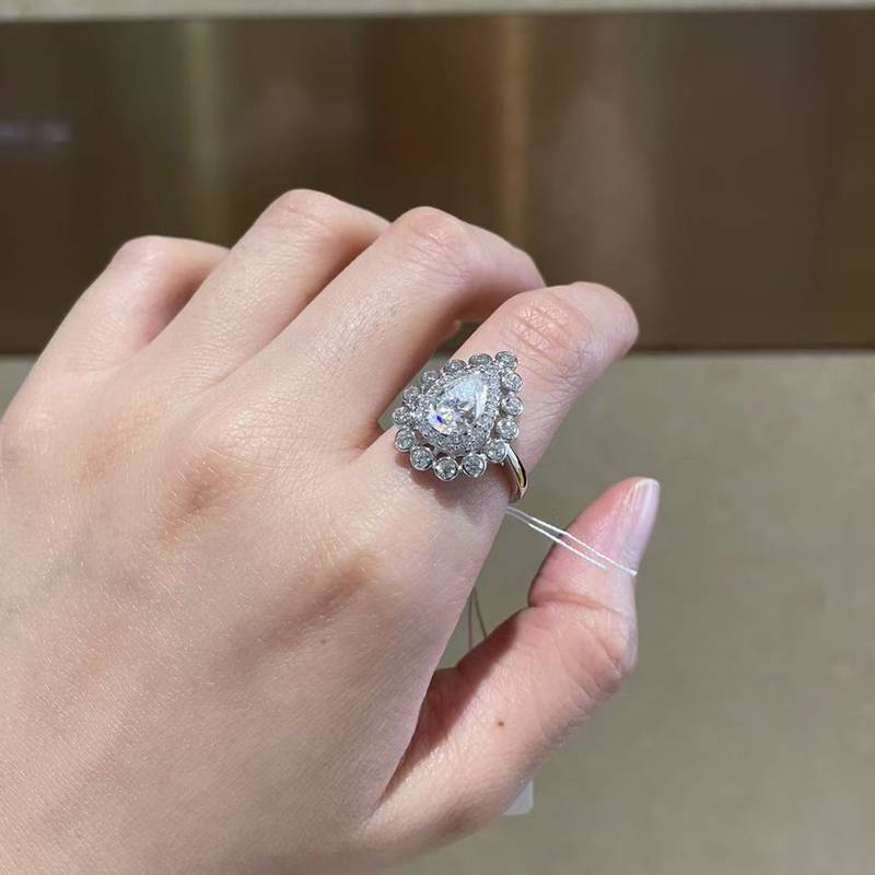 水滴Women's RingS925银镀白金定制选款主石Moissanite1.5ct/副石高碳钻